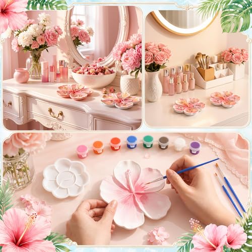 Image of Zubebe 6 Set Ceramics to Paint Hibiscus Flower Jewelry Tray Kit Ready to Paint Ceramics Ring Dish Holder DIY Unpainted Plates Trinket Dish Tray Crafts with Brush Palette for Valentine Wedding
