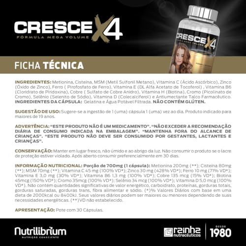 Cresce X4 Fórmula Mega Volume Metionina Cisteína MSM Biotina 30 Cápsulas Nutrilibrium