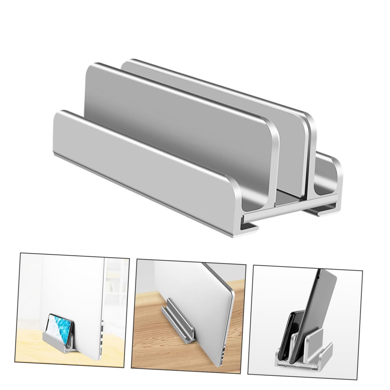 Supporto Verticale per Laptop a 3 Slot Regolabile in Alluminio Argento | Base Antiscivolo in Silicone, Apertura 13-38mm, Design da Scrivania per Telefono e Tablet