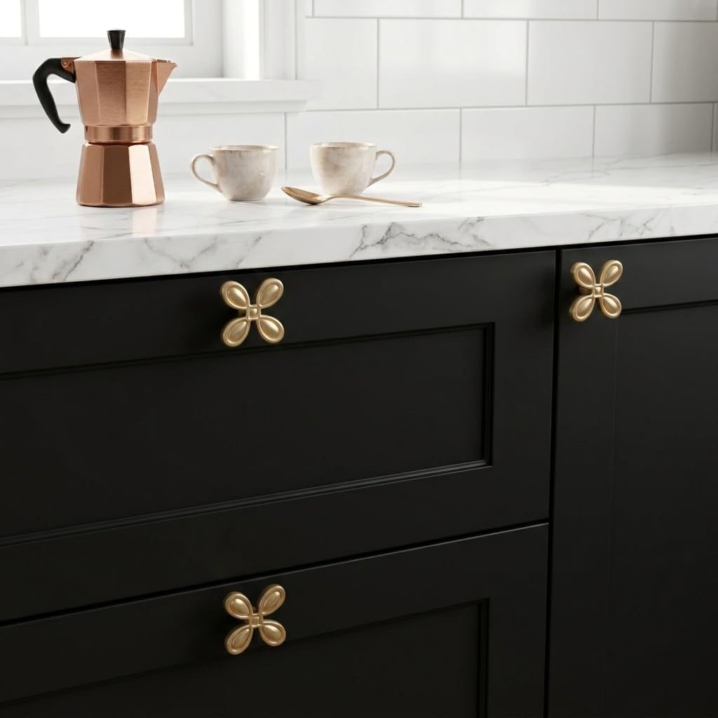 Antique Cabinet Knobs 6 Pack, Clover Cute Brushed Gold Dresser Knobs, Decorative Drawer Hardware for Vanity, Nightstands, Kitchen, Furniture Refinishing, Includes 25mm & 45mm Screws