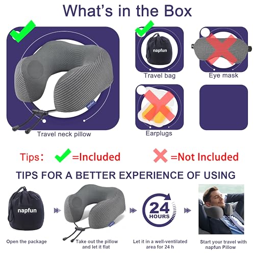 Image of napfun Neck Pillow for Traveling, Upgraded Travel Neck Pillow for Airplane 100% Pure Memory Foam Travel Pillow for Flight Headrest Sleep, Portable Plane Accessories, Dark Gray