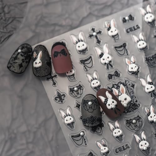 5D Embossed Bunny Nail Stickers Lovely Rabbit Nail Art White Black Nail Decals Cute Stickers for Nails Designs Self Adhesive Nail Art Supplies & Decorations for Women Girls 1 Sheet