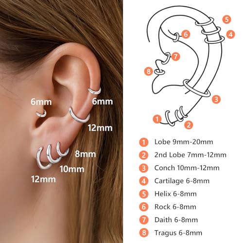 Silvora 925 Sterling Silver Small Hoop Earrings for Women Huggie Earrings Hypoallergenic Cartilage Earrings Tiny Hoops 6mm/8mm/10mm/12mm4