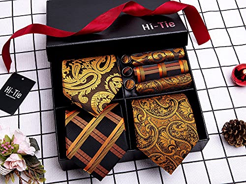 Image of Hi-Tie 3 Pcs Gift Box Mens Tie Set Necktie with Pocket Square Cufflinks Lapel Pin Silk Neck Tie Collection