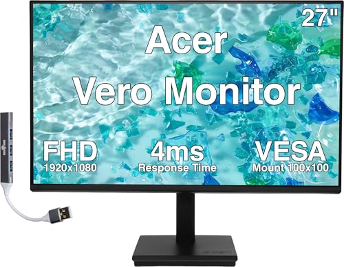 Image of Acer Vero 27 inch FHD LCD Monitor with 4ms Response Time, Anti-Glare, 250 nits Brightness, VESA Mount (100mm), Displayport, HDMI & Dockztorm USB Port Expander, Black Color
