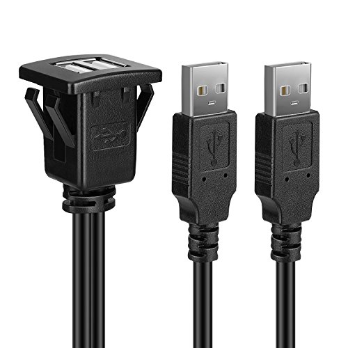 Tnp Dual Usb Flush Mount Cable W/Buckle (Square)- Dashboard Panel Dash Mount 2 Ports Dual Usb Socket Plug Jack Connector Extension Wire Cord Water Resistant Male To Female (1M / 3Ft) #TOP4