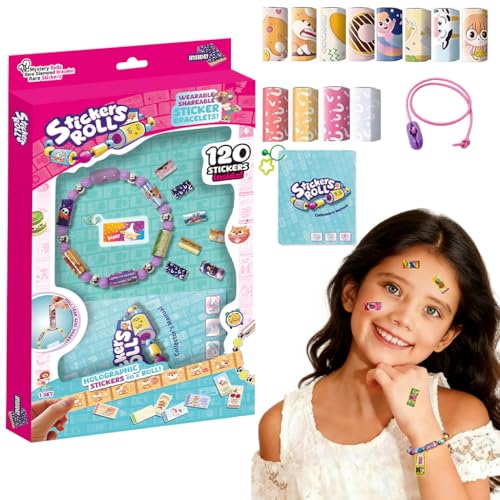 Image of PATPAT 120 Pcs DIY Sticky Rolls Bracelet Kit, Fun Sticker Roll Bracelet for Girls Stylish with 120 Mini Stickers, Assorted Beads & Charms, Friendship Bracelet Making Set Birthday Gift for Kids