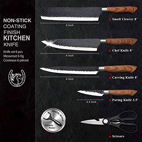 Kitchen-Cutting-Hammered-Knife-Set-High-Carbon-Stainless-Steel-6-Piece-Black-Sharp-with-Peeler-and-Scissors-for-Chef-Cooking-Paring-Cutting-Slicing-Black-Blade-Sharp-Non-Stick-Rust-resistance