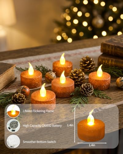 Image of Orange Glitter Tea Lights with Timer,12 Pack | Built-in 6 Hours Timing,Halloween Sparkly Tealights, for Thanksgiving,Wedding Decorations
