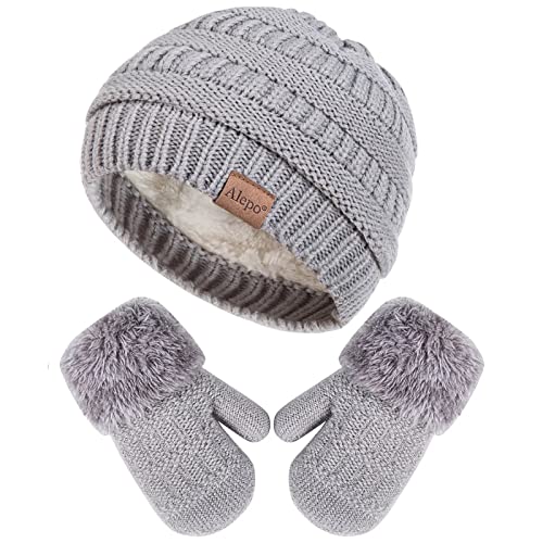 Winter Mittens Gloves Beanie Hat Set For Kids Baby Toddler Children, Unisex Cute Thick Warm Knit Fleece Lined Thermal Set For Boys Girls(Light Gray) #TOP19