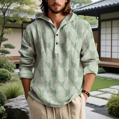 Mens Floral Print Hoodie Fashion Casual Hooded Shirt Long Sleeve Button Hooded Tops Lightweight Summer Clothing3