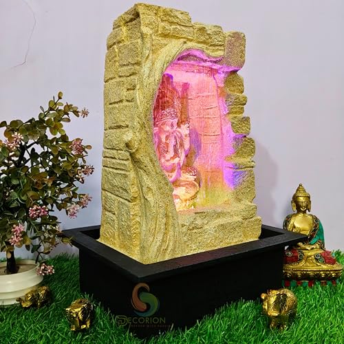 Image of Decorative Table Top Water Fountain for Home Decor /Office /Indoor & Outdoor /Garden /Puja Room /Vaastu with Multicolor LED Light and Adjustable Water Pump (Waterfall Ganesha D-015)