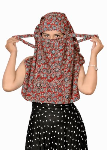 Image of Scarf Face Full Covering With Mask Head Hair Wrap Sun Protection For Women Cotton Printed Square All Season Wear