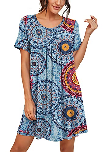 Image of PrinStory Nightgowns for Women Short Sleeve Night Gowns Pleated Sleep Shirt Ladies Nightshirt Soft Sleepwear