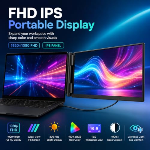 Image of Laptop Screen Extender, 14 inch FHD 1080P Dual External Monitor for 13 inch-17 inch Laptop, 1.87lbs Ultra-Portable & Ultra Slim Portable Monitor, Plug & Play Travel Monitor For Windows /Mac /Chrome /Android