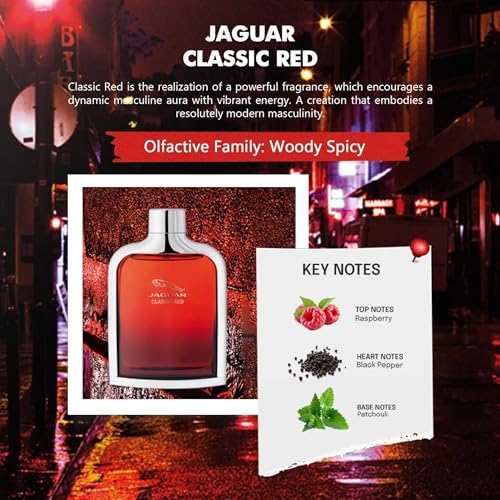 Image of Jaguar Classic Red Eau de Toilette for Men | Long Lasting Fresh Spicy Woody Fragrance | Bergamot, Blackcurrant, Raspberry, Pepper, Bay, Cedarwood & Patchouli | Designer Men's Perfume | Bold Masculine Fragrance Gift for Him | 100ml