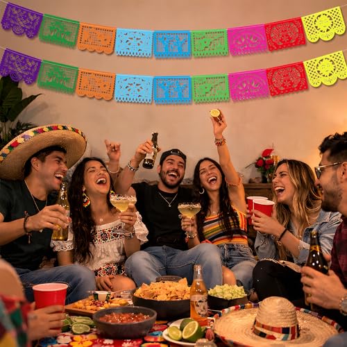 Image of OHOME Cinco De Mayo Decorations - Papel Picado Banner Streams | Mexican Theme Birthday Backdrop Flag Para Fiesta Party Decorations for Taco Accessories Decor Party Favors Supplies