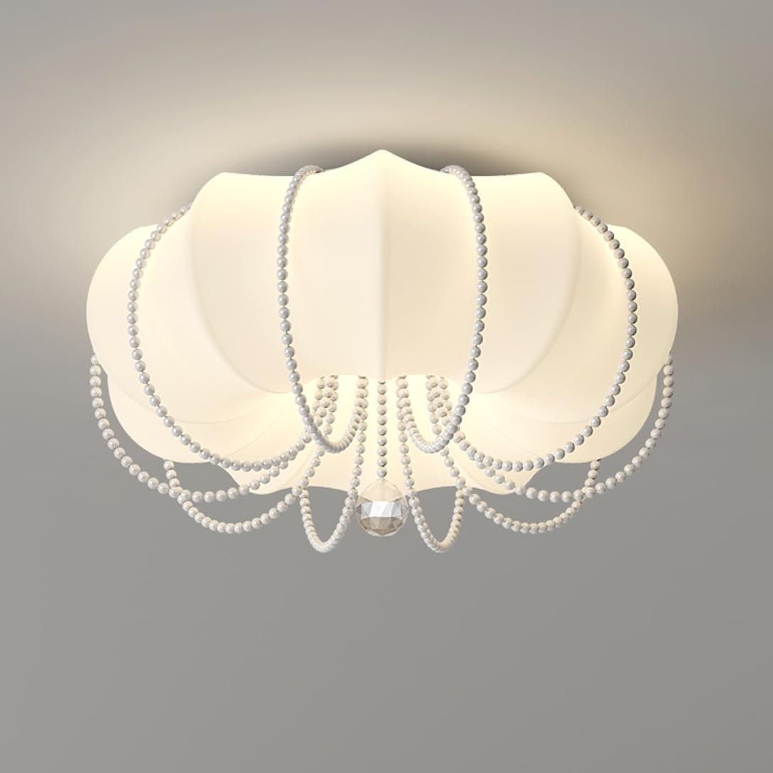 Vintage French Ceiling Light Pumpkin Shaped Mid-Century White Flush Mount Light Fixture Acrylic LED Ceiling Lights with Boho Beaded and Crystal