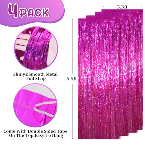 Image of Voircoloria 4 Pack Pink Foil Fringe Backdrop Curtains, Tinsel Streamers Birthday Party Decorations, Fringe Backdrop for Graduation, Baby Shower, Gender Reveal, Disco Party