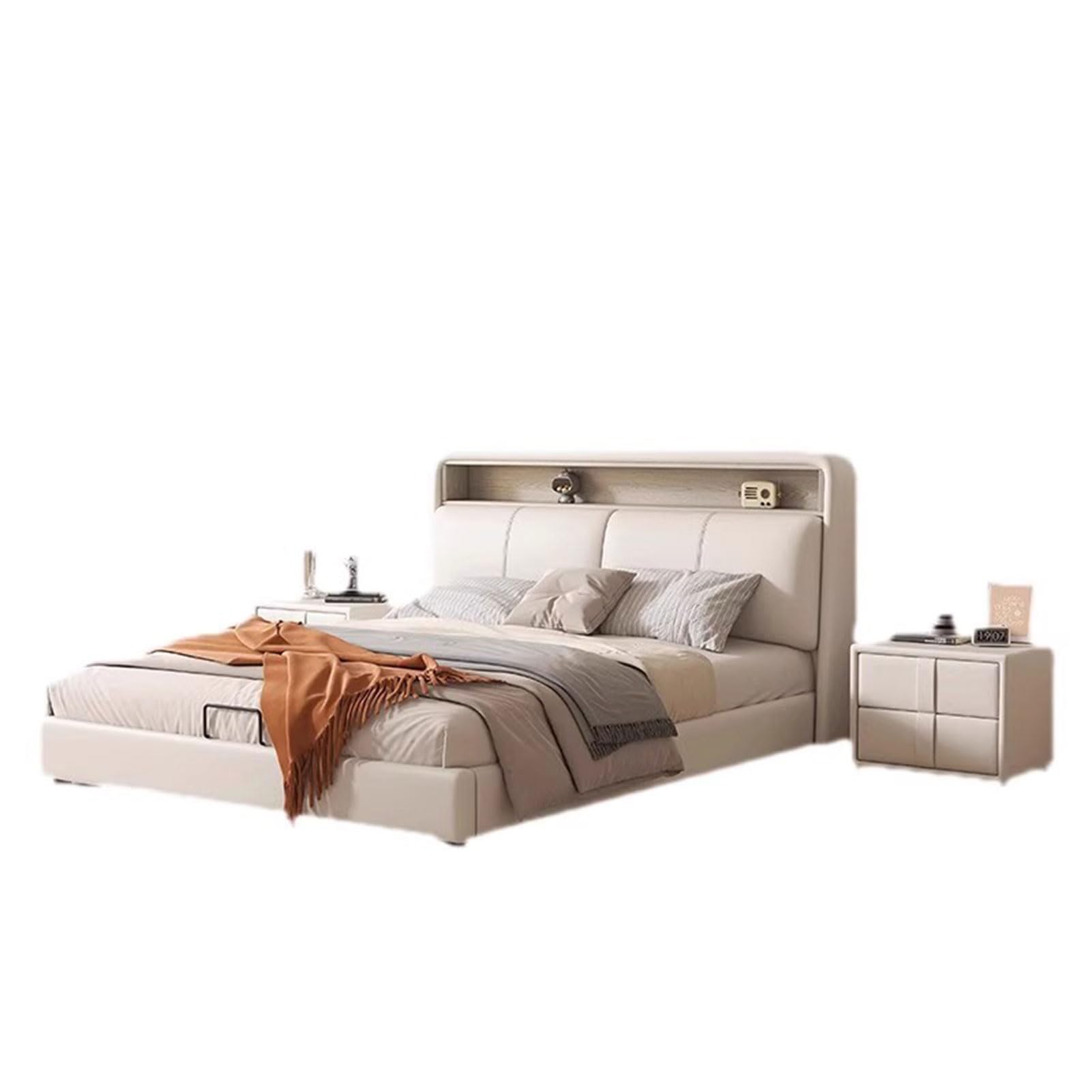 White King Size Genuine Leather Bed Set Upholstered Platform Bed Frame with Headboard and Drawers Wooden Slats Support