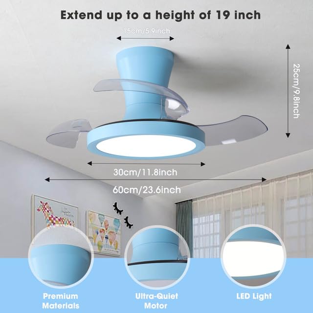 LJX 60cm Ventilador de Techo Sin Aspas con Luz Infantil 6 Velocidades Motor Dc Silencioso Temporizador Aspas Retráctiles Lámpara Ventilador Niñas para Dormitorio Infantil Cocina, Rosa