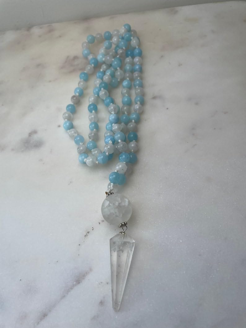 Natural Aquamarine and Moonstone 8mm 108 Mala Beads, Spiritual, Meditation Beads, Reiki, Japa Mala, Buddhist Prayer Beads, Yoga Bracelet, healing beads