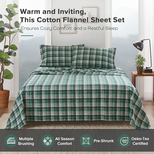 Image of Woolrich Cotton Sheet Set Cottage Charms Print, 100% Cotton Flannel Sheets Warm & Fuzzy Bedding Set Cal King Size Sheets, Fitted Pocket Fits Up to 12 inch Mattress, Cal King Green Plaid 4 Piece