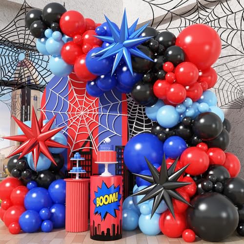 Black Red and Blue Balloons Arch Garland Kit 106pcs Spider Theme Balloon Arch Kit with Starburst Foil Balloons Hero-Themed Party Decorations and Birthday Backdrop for Boys