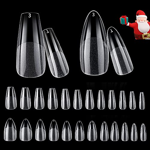 INTOBAS 240 Piezas Uñas Postizas Transparentes,Tips Uñas Postizas de Cortas Transparente, Tamaños Cobertura Completa de Uñas Postizas,2 modelos 10 Tamaños Tips Uñas(almendra y bailarina corta) Cover