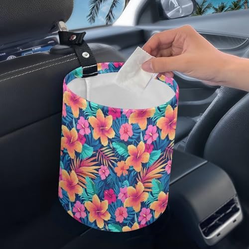 Image of Tropical Flower Trash Bag, Car Trash Can Cute, Portable, Collapsible for Back Seat, Floor, or Hanging Headrest Waste Basket - Car Garbage Accessory