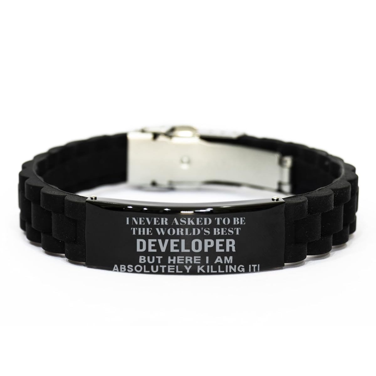 Inspirational Christmas Developer Gifts Black Glidelock Bracelet for Men, I never asked to be the world's best Developer but here I am killing it! Adjustable Developer Birthday Graduation Wristba