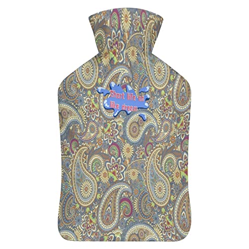 Botella de Agua Caliente de 1 Litro con Cubierta de Felpa Corta Patrón de Repetición Frase En Inglés Bolsa de Agua Caliente de Goma Para Pies Manos