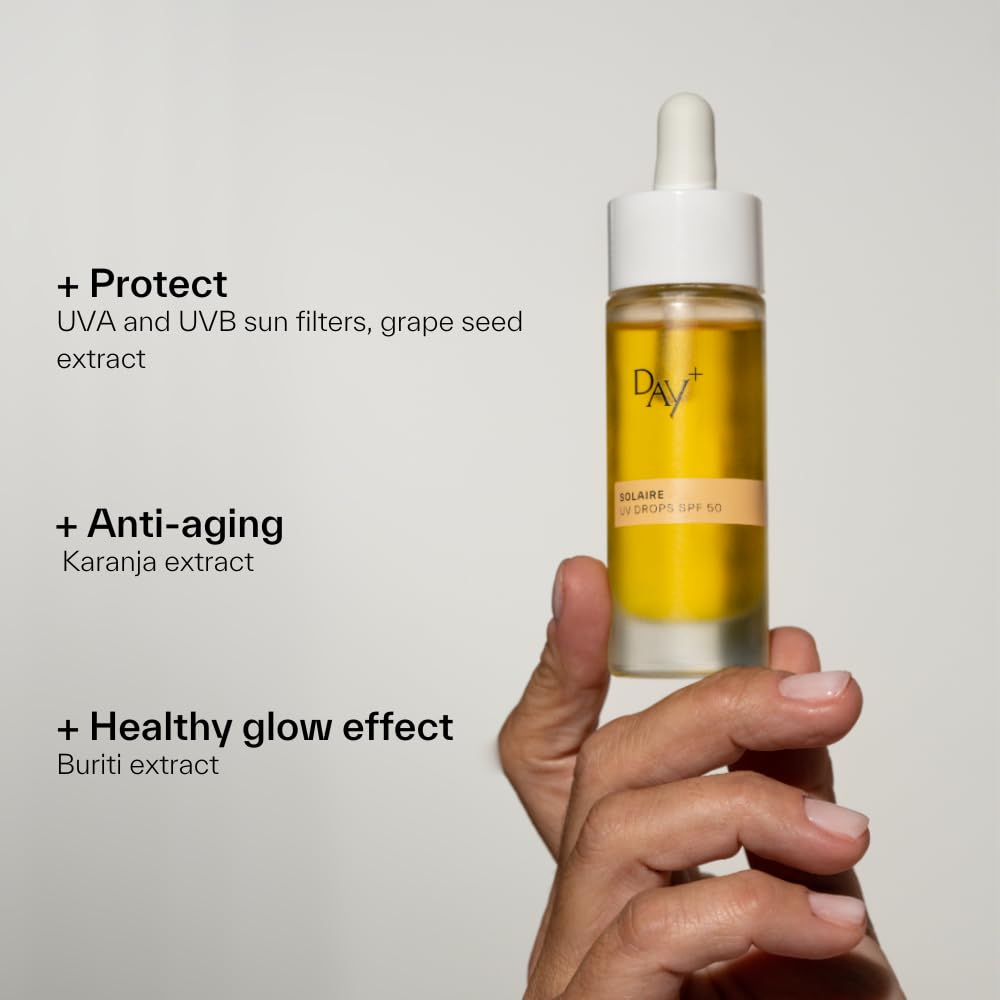 DAY+ | UV DROPS SPF 50 | Serum do twarzy o wysokiej ochronie przeciwsłonecznej | Chroni przed UVA/UVB, zwalcza zmarszczki i starzenie się skóry, nawilżenie | Karanja, pestki winogron | Butelka 30 ml