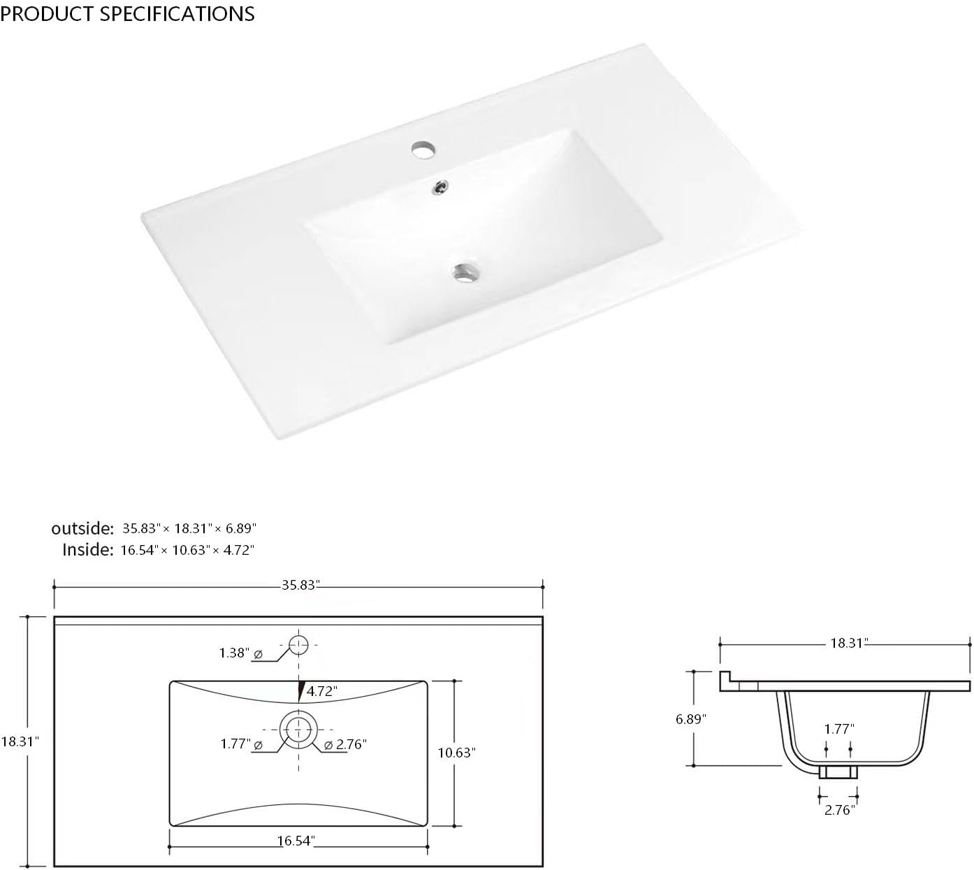 35.83"L×18.31"W×6.69"H Drop-In Rectangular Ceramic Bathroom Vanity Sink Top – White Integrated Overflow Sink with Single Hole Faucet & Pop-Up Drain Assembly