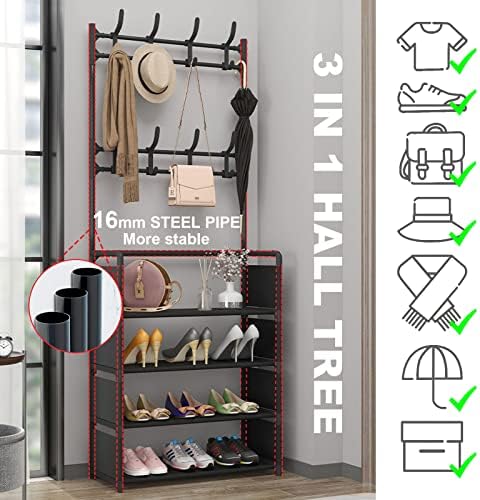 Masvan Coat Rack Stand with Shoe Storage, Free Standing Hall Tree for Hallway, Entryway Hanger Shelf Clothes Rail with 8 Removable Hooks,White