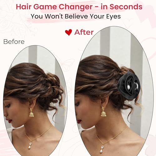 Image of TEMPERIA (1pc) Flower Hair Claw Clips for Women | Aesthetic & Stylish Clutchers Hair Accessories for Women for Party & Wedding | Big Flower, Strong Grip & Durable | Black