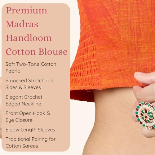 Image of Studio Shringaar Women's Handloom Cotton Side Stretchable (Smocked) Readymade Saree Blouse with Crochet Neckline
