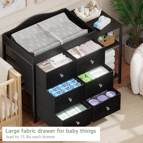 Image of BOLUO Baby Dresser with Changing Table Top, Black Changing Table Dresser with 6 Fabric Drawers Diaper Changing Station with Storage Shelf for Nursery Modern