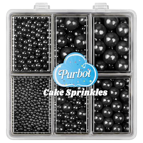 Image of Black Sprinkles for Cake Decorating, 4 Sizes Edible Pearl Sugar 130g /4.6oz, Cupcake, Ice Cream, Donuts, Macaron Toppings Supplies (2mm, 4mm, 7mm, 1cm) (Black)