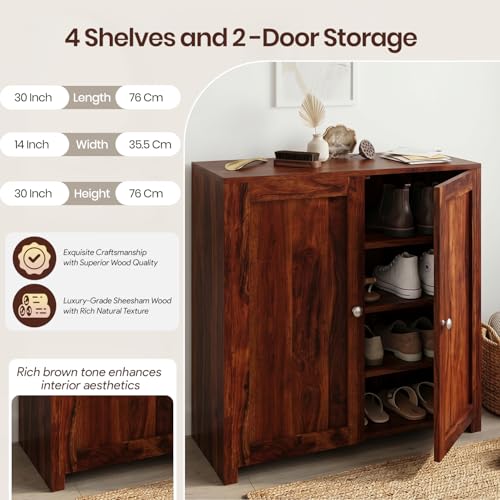 Image of Amazon Brand - Solimo Bondiss Solid Sheesham Wood Shoe Storage Cabinet, Honey Finish, 2 Doors