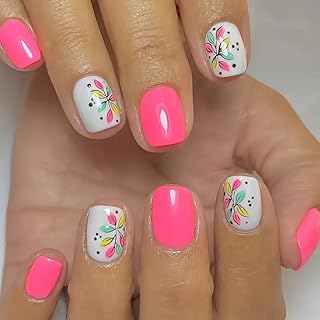 24Pcs Flower Press on Nails Short Square Fake Nails with Designs Cute False Nails Full Cover Glossy Stick on Nails Summer Pink Acrylic Glue on Nail for Women Daily Wear