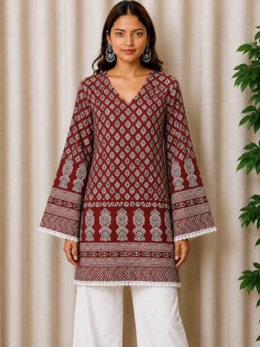 Image of Maroon Ajrak Printed Cotton Kurti for Women