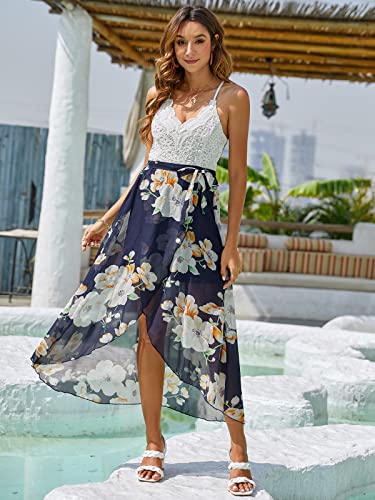 Blooming Jelly Women's Deep V Neck Sleeveless Summer Asymmetrical Floral Maxi Dress (Small, A-White) #TOP3