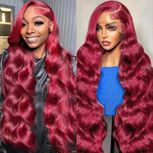 Image of 32 Inch 99j Burgundy Lace Front Wigs Human Hair 13x4 HD Transparent Body Wave Lace Front Wigs Human Hair Pre Plucked 99j Burgundy Red Wine Glueless Lace Frontal Wigs for Women