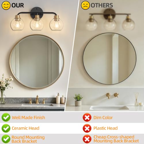 Image of 3 Light Bathroom Vanity Light, Black and Gold Bathroom Light Fixtures