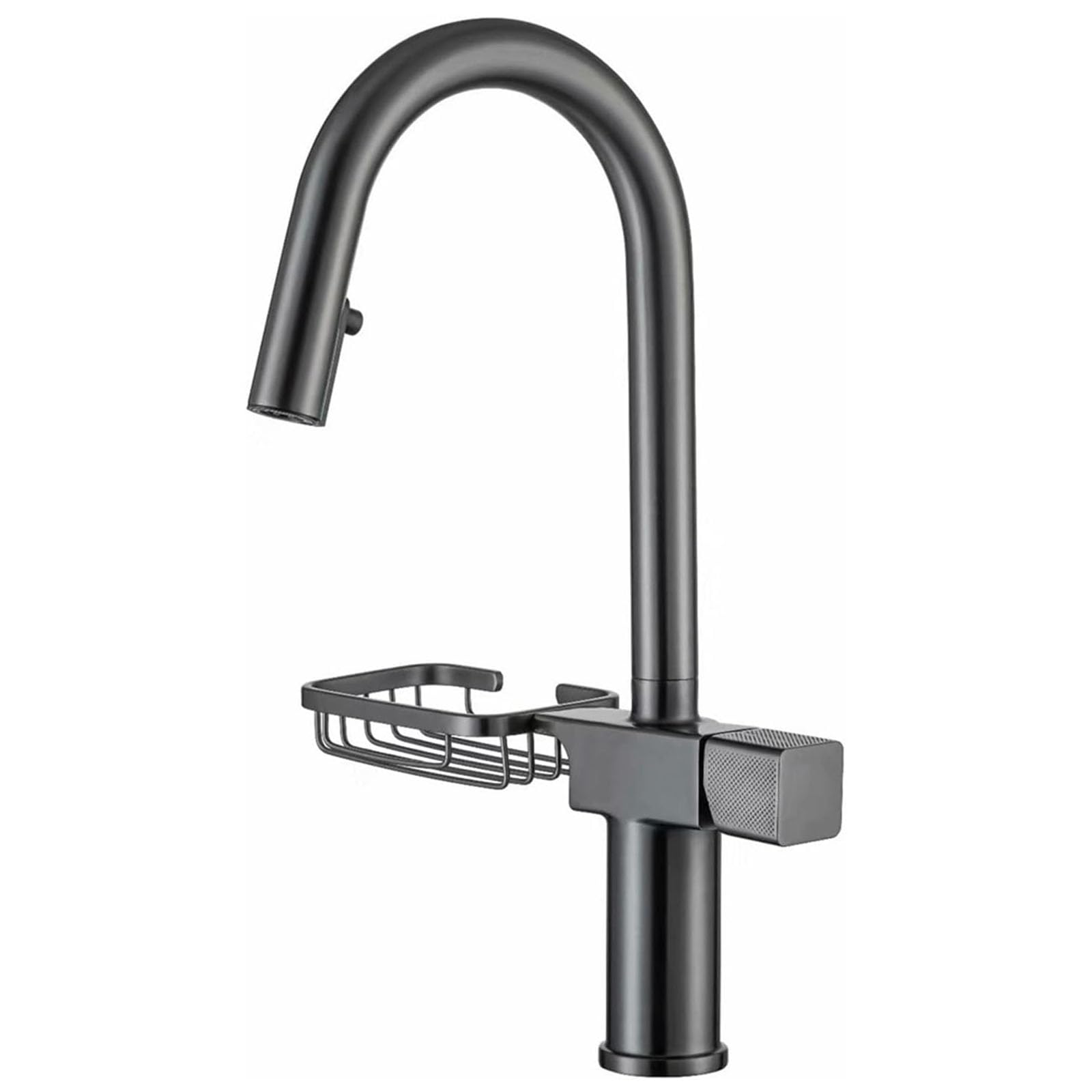 ZYCHSJXA Kitchen Bath Taps Pull Down Sink Faucet High Arc Swivel Faucets with 2 Function Out Sprayer Solid Brass Deck Mounted Single Hole Mixer Soap Drainer Shelf,Gun Gray