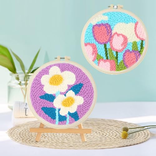 Image of AEDNX 2 Sets Punch Needle Kit Adults Beginner Flower Embroidery Kit,Hand Embroidery Kit Include Embroidery Hoops and Yarns and Needles and Instructions