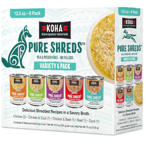 KOHA Pure Shreds Dog Variety Pack High Protein Wet Dog Food- 5 Flavors - Beef Duck Chicken & Duck and Chicken & Beef Food for Dogs - 12.5oz Cans Pack of 6