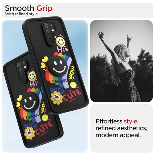 Image of Pikkme Back Cover for Redmi 9 Prime /Poco M2 | Soft Silicone| Cute Rainbow Smile & 3D Cartoon Flower Design | Shockproof Raised Camera Protection Bumper Case (Black)