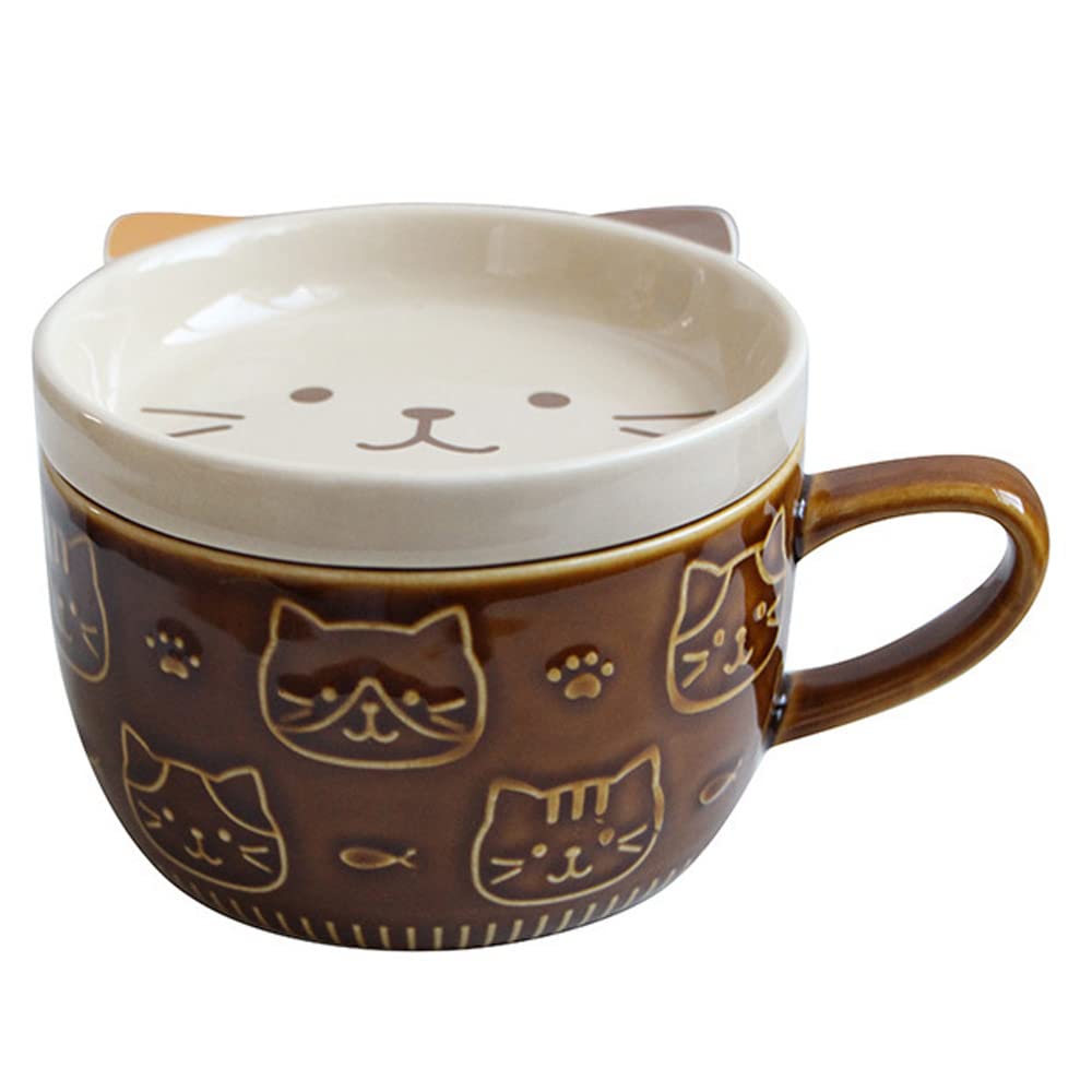 CTRLZS Ceramic Coffee Mugs with Lid Cute Cat Porcelain Cup Family Breakfast Milk Juice Cup Beverage(Brown)